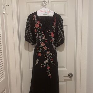 Johnny Was Black Midi Dress with Pink & White Floral Embroidery